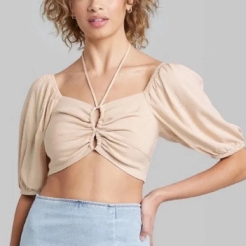 Wild Fable Beige Puff Sleeve Smocked Back Ruched Crop Top Size XXL new